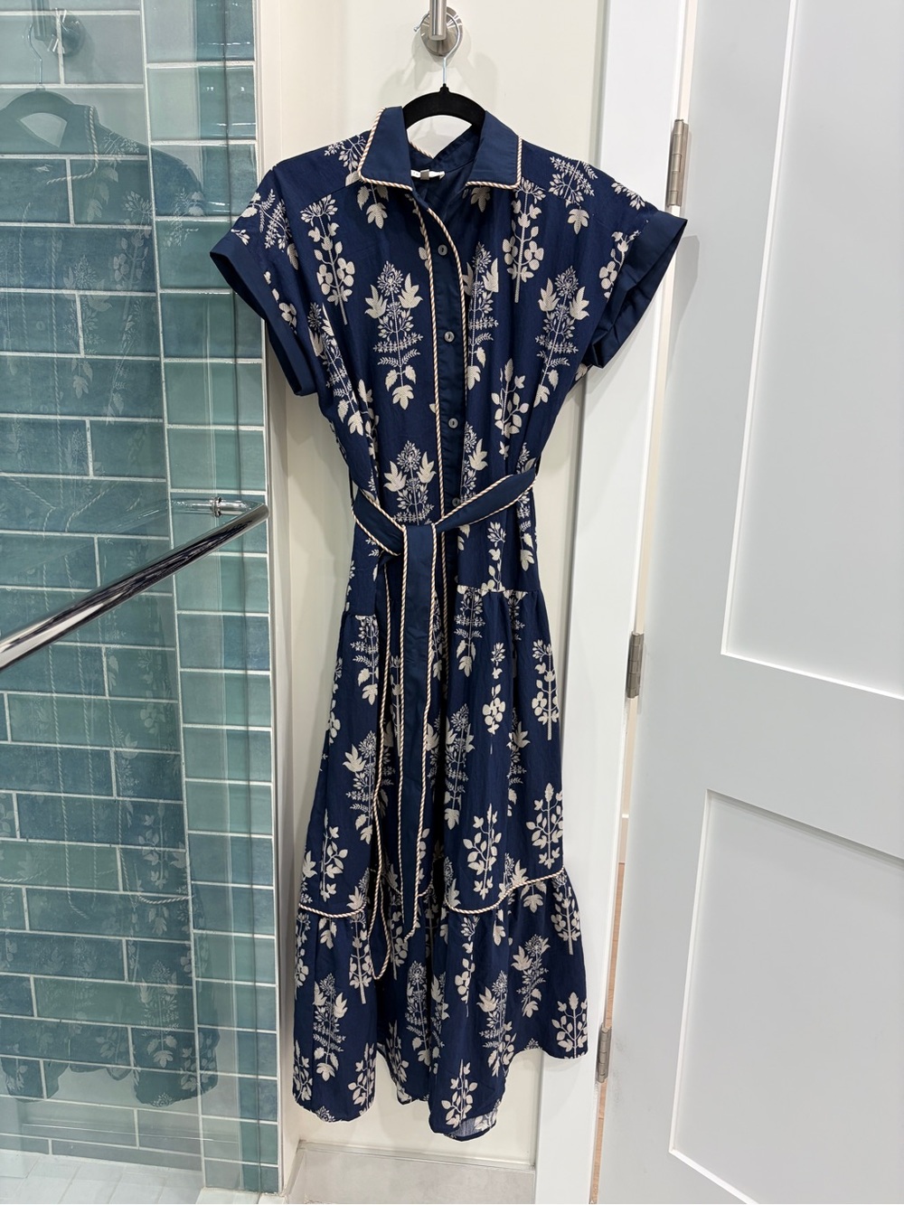 Entro Navy and Cream Floral Button-Front Maxi Dress with Tie Waist